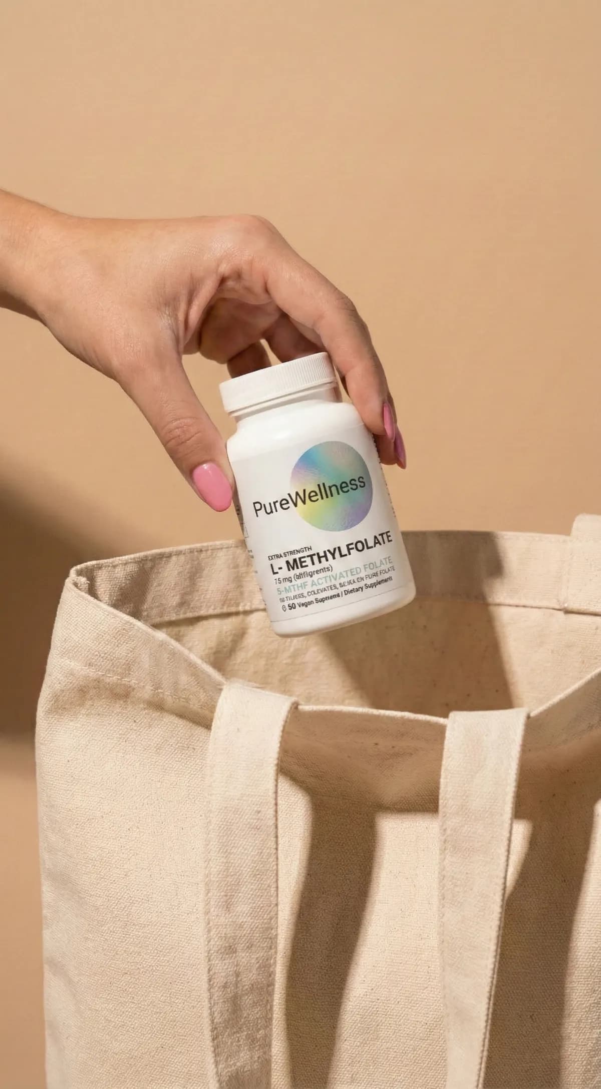 AI product photo of a supplement bottle held above a canvas tote bag in warm light