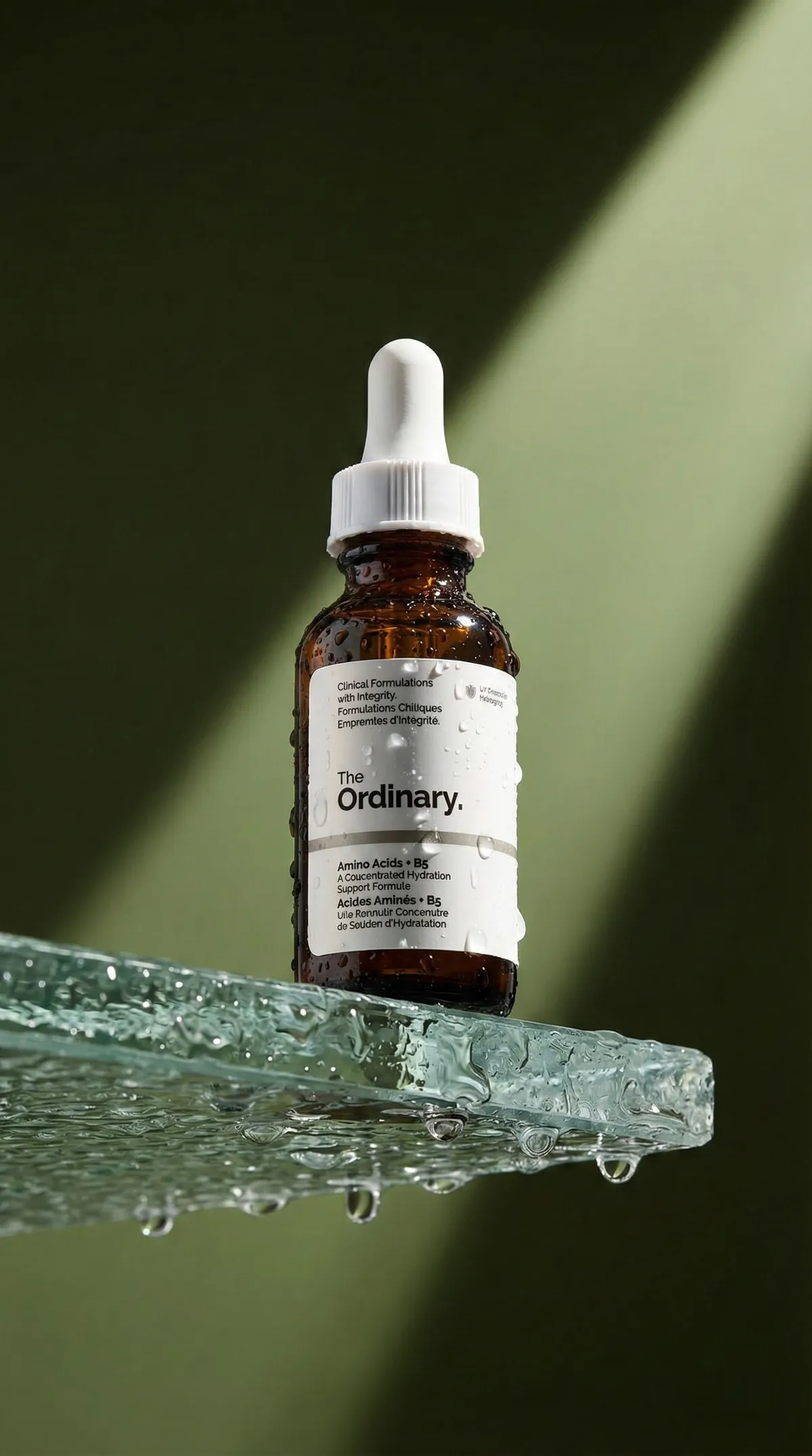 AI product photo of a skincare serum dropper bottle on a wet glass ledge in olive-green light