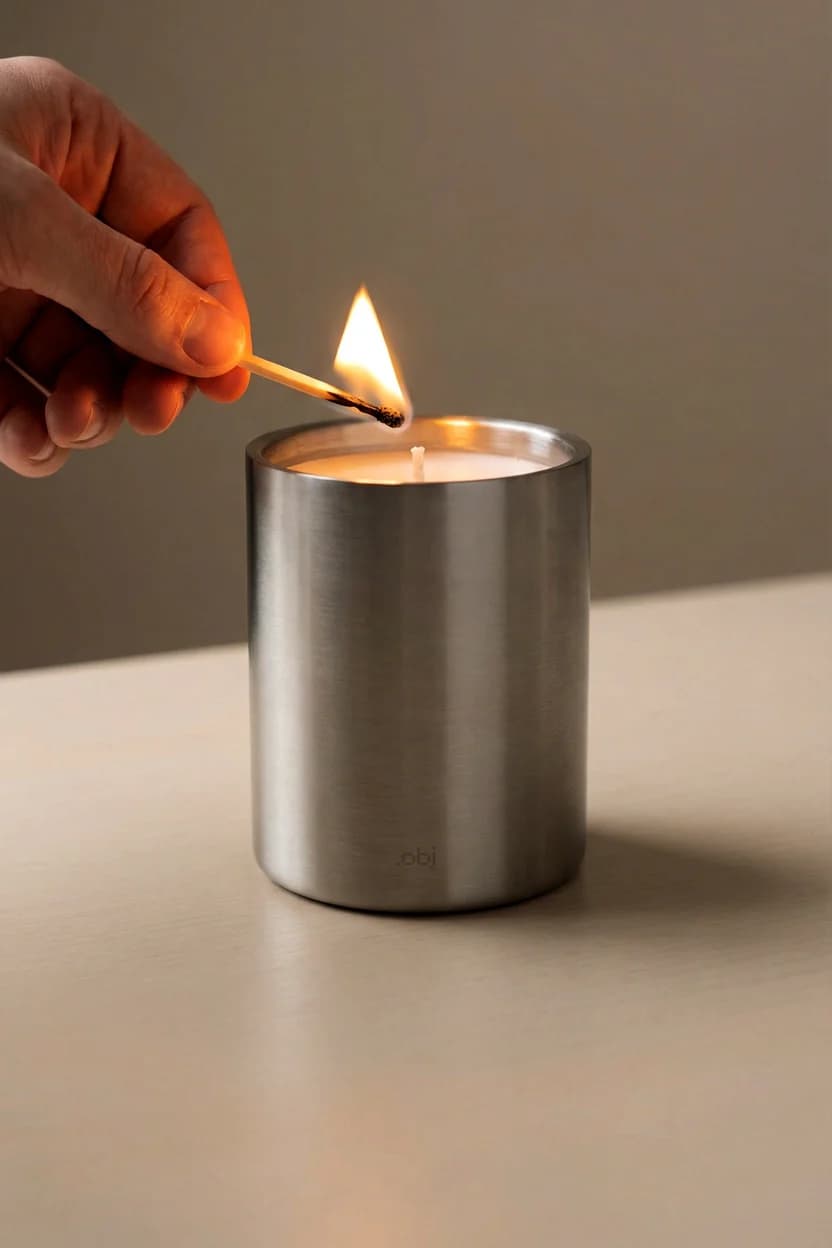 Brushed steel .OBJ Studio candle being lit by hand